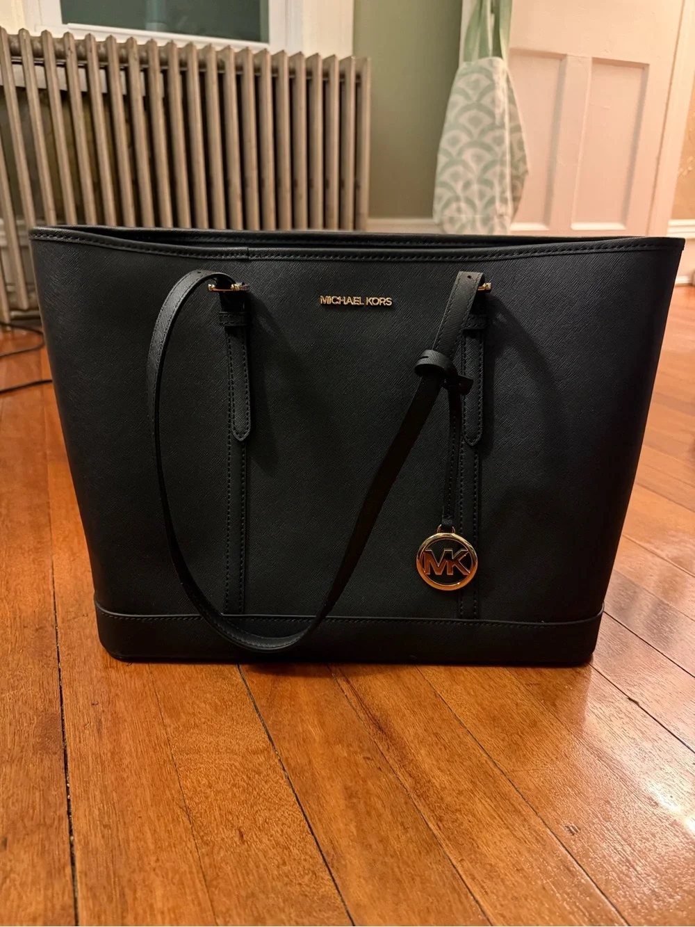 Michael Kors Black Saffiano Leather Tote with Gold MK Charm